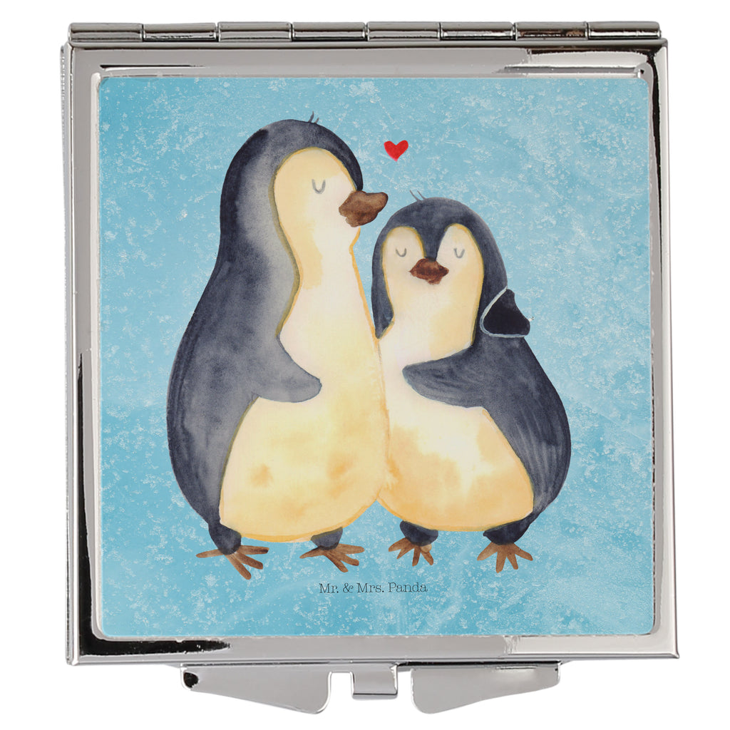 Handtaschenspiegel quadratisch Pinguin umarmend Spiegel, Handtasche, Quadrat, silber, schminken, Schminkspiegel, Pinguin, Liebe, Liebespaar, Liebesbeweis, Liebesgeschenk, Verlobung, Jahrestag, Hochzeitstag, Hochzeit, Hochzeitsgeschenk