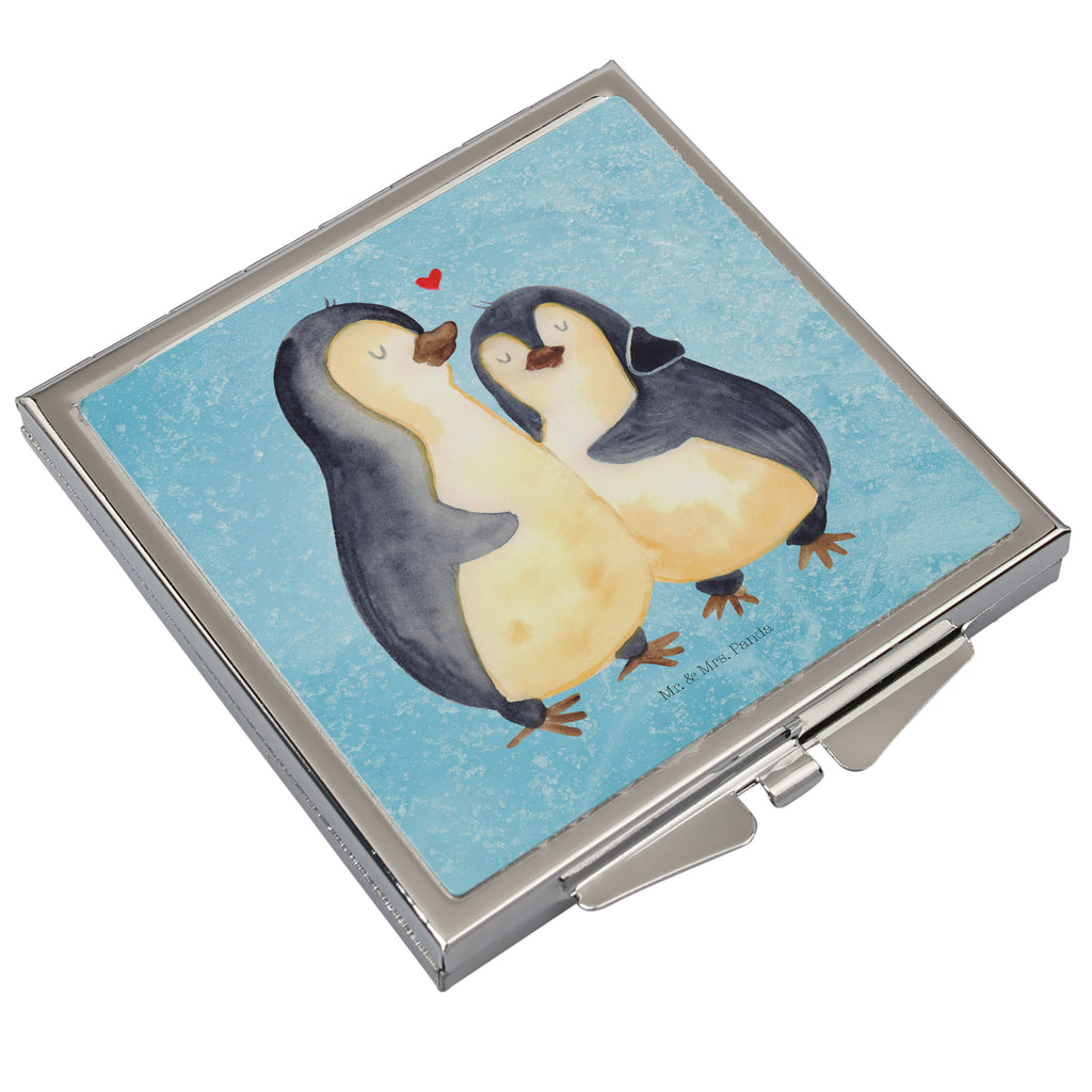 Handtaschenspiegel quadratisch Pinguin umarmend Spiegel, Handtasche, Quadrat, silber, schminken, Schminkspiegel, Pinguin, Liebe, Liebespaar, Liebesbeweis, Liebesgeschenk, Verlobung, Jahrestag, Hochzeitstag, Hochzeit, Hochzeitsgeschenk