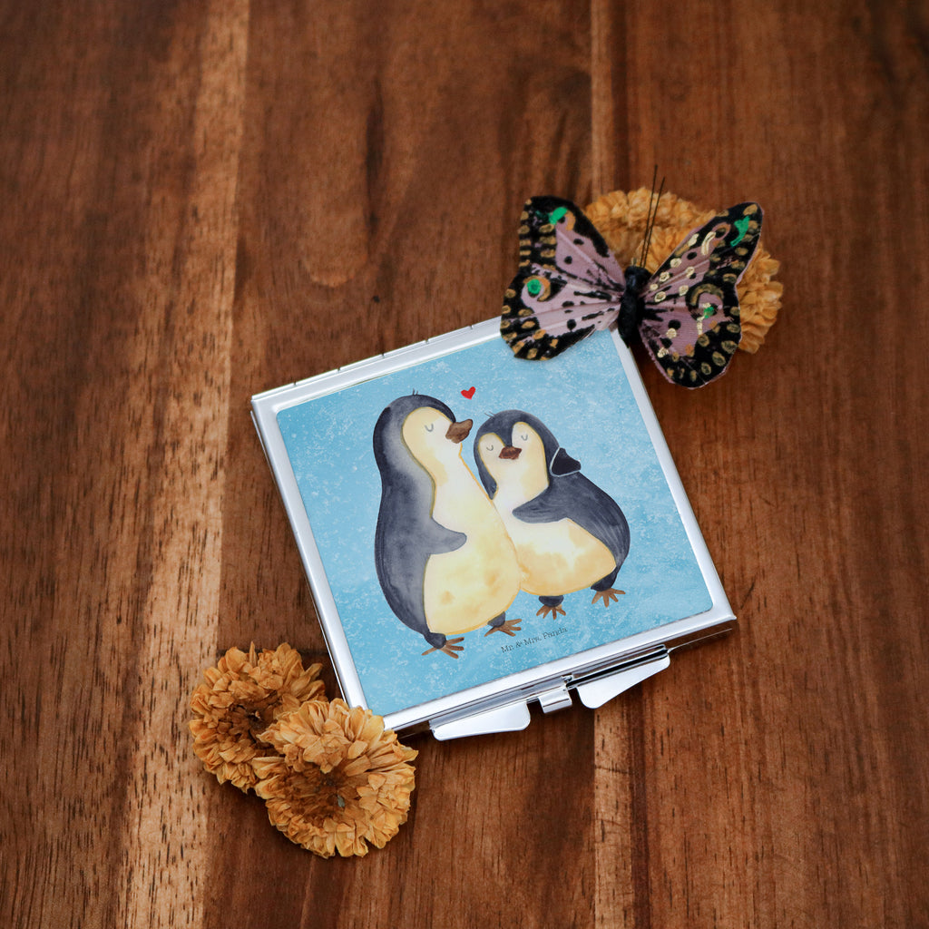 Handtaschenspiegel quadratisch Pinguin umarmend Spiegel, Handtasche, Quadrat, silber, schminken, Schminkspiegel, Pinguin, Liebe, Liebespaar, Liebesbeweis, Liebesgeschenk, Verlobung, Jahrestag, Hochzeitstag, Hochzeit, Hochzeitsgeschenk