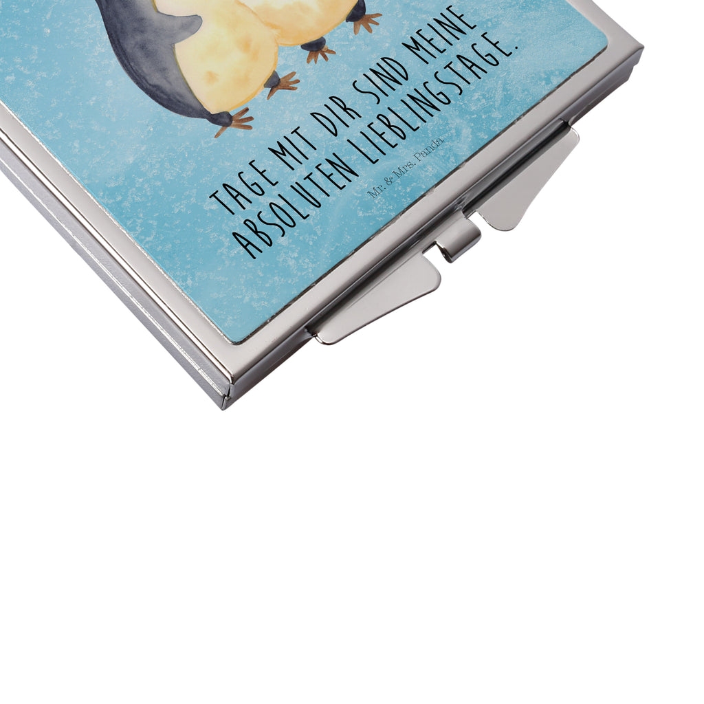 Handtaschenspiegel quadratisch Pinguin umarmend Spiegel, Handtasche, Quadrat, silber, schminken, Schminkspiegel, Pinguin, Liebe, Liebespaar, Liebesbeweis, Liebesgeschenk, Verlobung, Jahrestag, Hochzeitstag, Hochzeit, Hochzeitsgeschenk