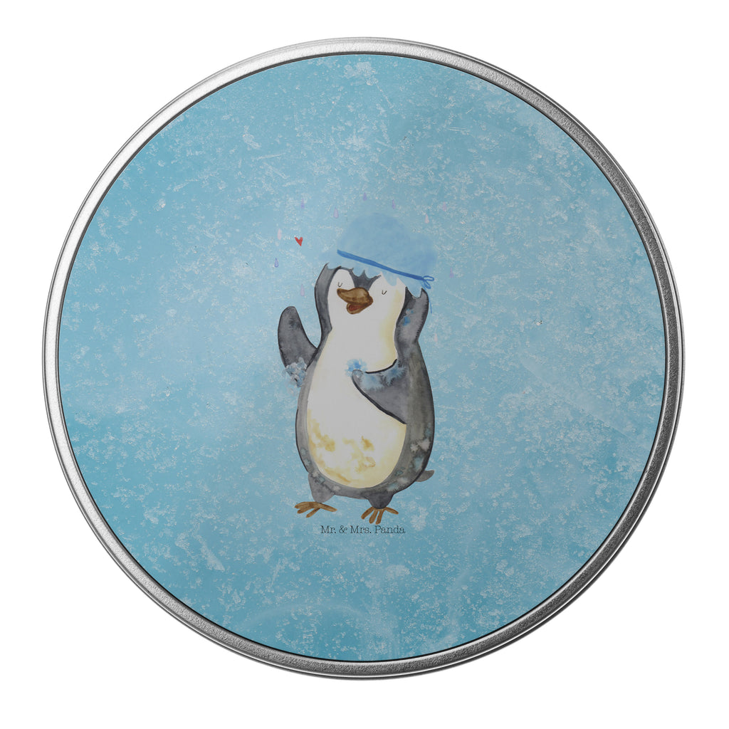 Blechdose rund Pinguin duscht Metalldose, Keksdose, Dose, Vorratsdose, Geschenkbox, Pinguin, Pinguine, Dusche, duschen, Lebensmotto, Motivation, Neustart, Neuanfang, glücklich sein