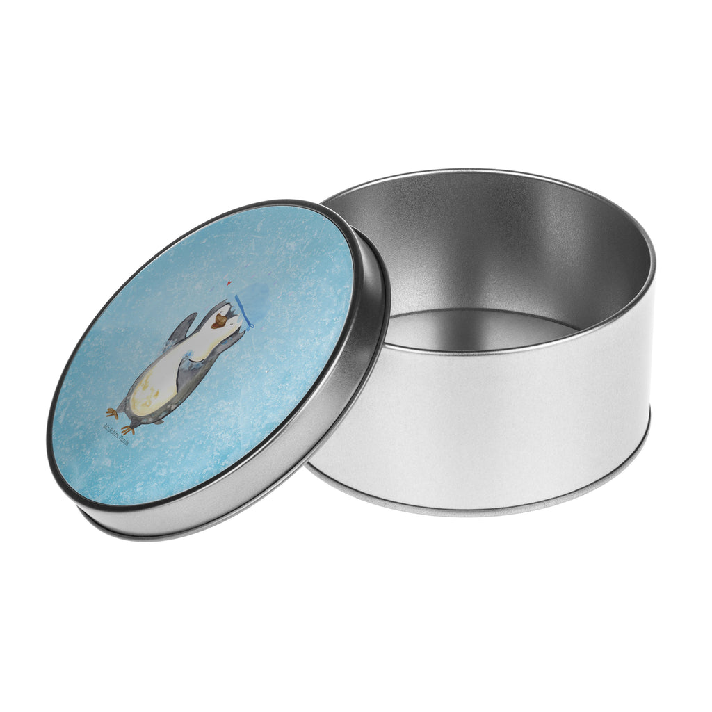 Blechdose rund Pinguin duscht Metalldose, Keksdose, Dose, Vorratsdose, Geschenkbox, Pinguin, Pinguine, Dusche, duschen, Lebensmotto, Motivation, Neustart, Neuanfang, glücklich sein
