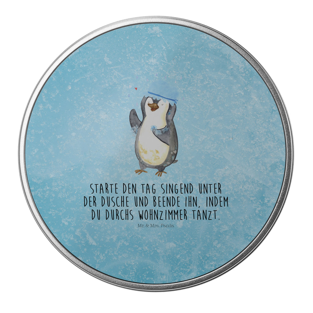 Blechdose rund Pinguin duscht Metalldose, Keksdose, Dose, Vorratsdose, Geschenkbox, Pinguin, Pinguine, Dusche, duschen, Lebensmotto, Motivation, Neustart, Neuanfang, glücklich sein