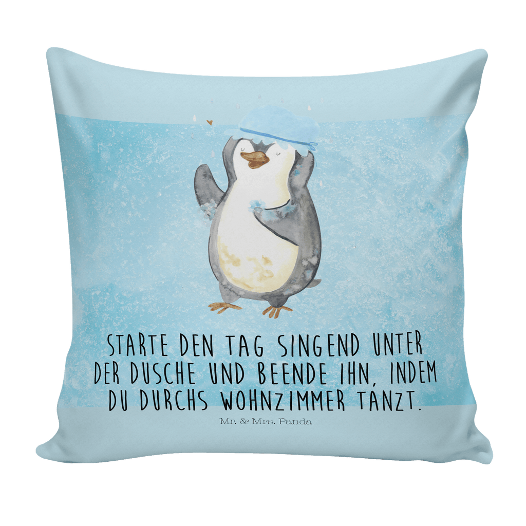40x40 Kissen Pinguin duscht Kissenhülle, Kopfkissen, Sofakissen, Dekokissen, Motivkissen, Pinguin, Pinguine, Dusche, duschen, Lebensmotto, Motivation, Neustart, Neuanfang, glücklich sein