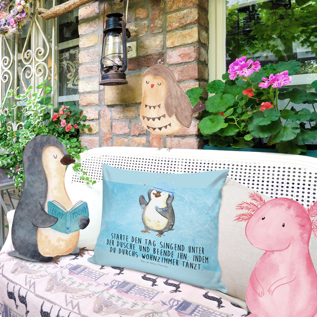 40x40 Kissen Pinguin duscht Kissenhülle, Kopfkissen, Sofakissen, Dekokissen, Motivkissen, Pinguin, Pinguine, Dusche, duschen, Lebensmotto, Motivation, Neustart, Neuanfang, glücklich sein