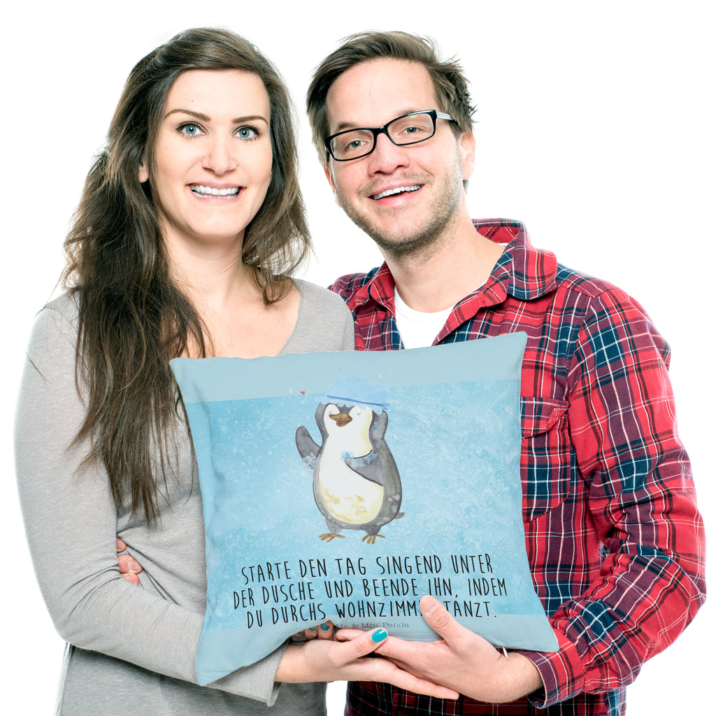 40x40 Kissen Pinguin duscht Kissenhülle, Kopfkissen, Sofakissen, Dekokissen, Motivkissen, Pinguin, Pinguine, Dusche, duschen, Lebensmotto, Motivation, Neustart, Neuanfang, glücklich sein