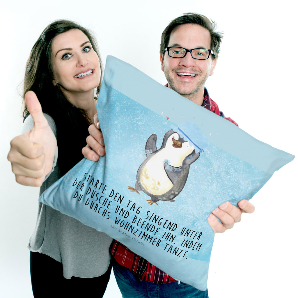 40x40 Kissen Pinguin duscht Kissenhülle, Kopfkissen, Sofakissen, Dekokissen, Motivkissen, Pinguin, Pinguine, Dusche, duschen, Lebensmotto, Motivation, Neustart, Neuanfang, glücklich sein