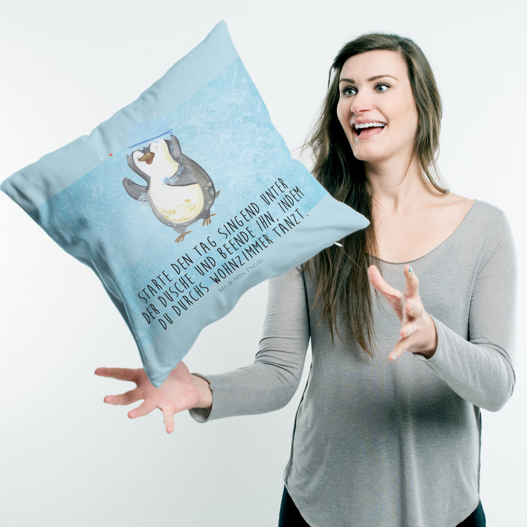 40x40 Kissen Pinguin duscht Kissenhülle, Kopfkissen, Sofakissen, Dekokissen, Motivkissen, Pinguin, Pinguine, Dusche, duschen, Lebensmotto, Motivation, Neustart, Neuanfang, glücklich sein