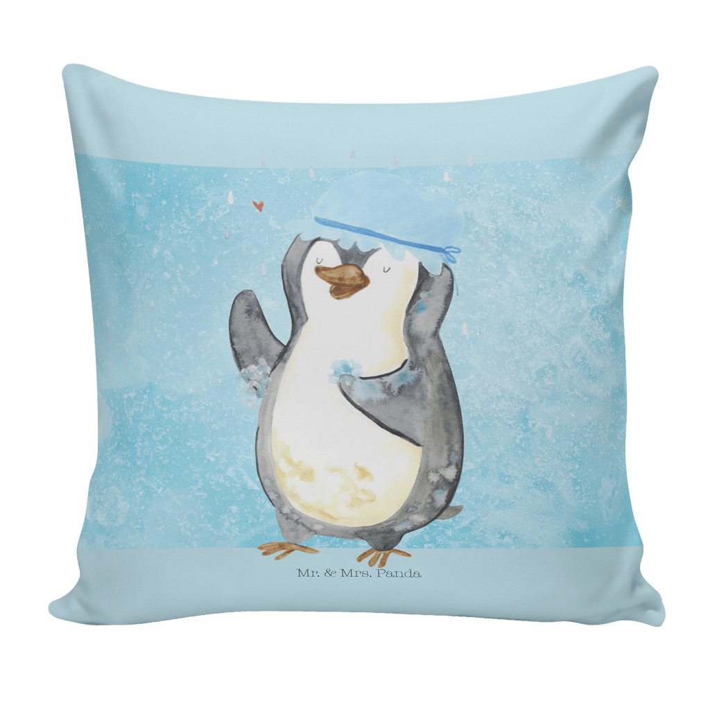 40x40 Kissen Pinguin duscht Kissenhülle, Kopfkissen, Sofakissen, Dekokissen, Motivkissen, Pinguin, Pinguine, Dusche, duschen, Lebensmotto, Motivation, Neustart, Neuanfang, glücklich sein