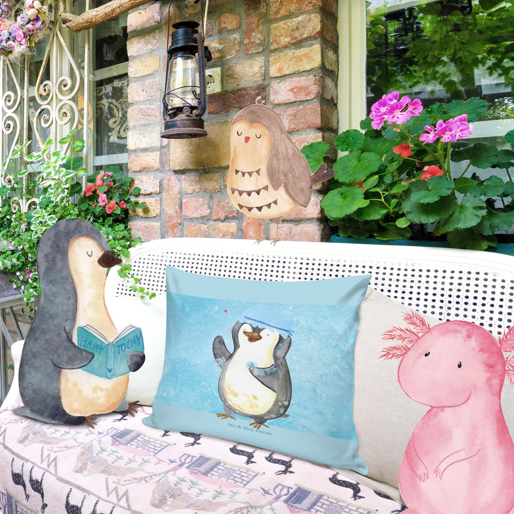 40x40 Kissen Pinguin duscht Kissenhülle, Kopfkissen, Sofakissen, Dekokissen, Motivkissen, Pinguin, Pinguine, Dusche, duschen, Lebensmotto, Motivation, Neustart, Neuanfang, glücklich sein