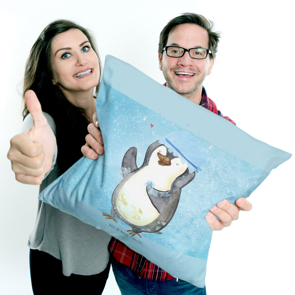 40x40 Kissen Pinguin duscht Kissenhülle, Kopfkissen, Sofakissen, Dekokissen, Motivkissen, Pinguin, Pinguine, Dusche, duschen, Lebensmotto, Motivation, Neustart, Neuanfang, glücklich sein