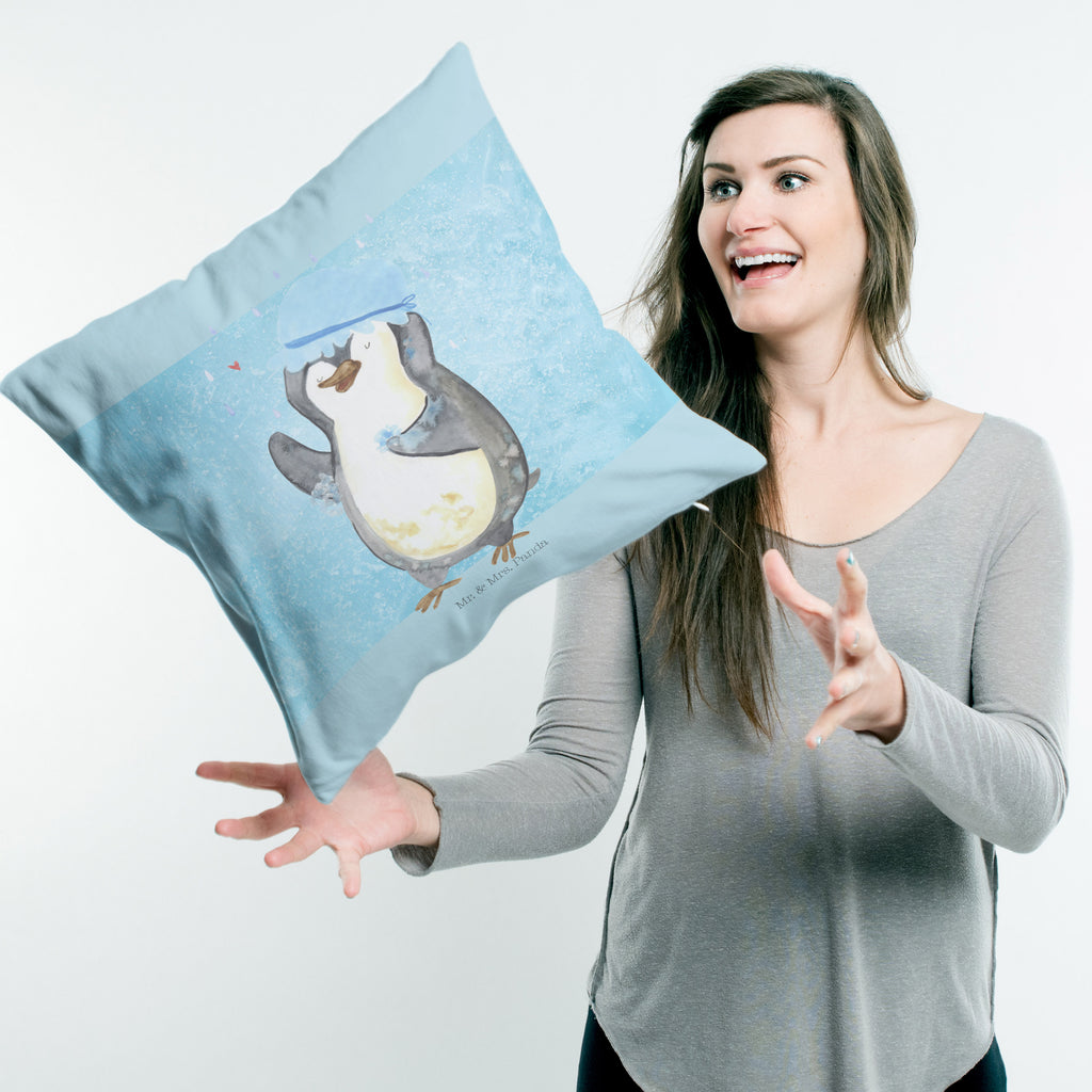 40x40 Kissen Pinguin duscht Kissenhülle, Kopfkissen, Sofakissen, Dekokissen, Motivkissen, Pinguin, Pinguine, Dusche, duschen, Lebensmotto, Motivation, Neustart, Neuanfang, glücklich sein