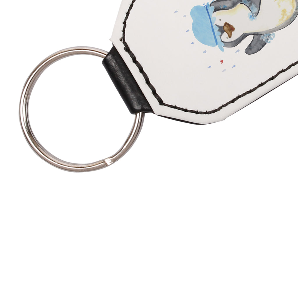 Rechteckig Schlüsselanhänger Pinguin duscht Schlüsselanhänger, Anhänger, Taschenanhänger, Glücksbringer, Schutzengel, Pinguin, Pinguine, Dusche, duschen, Lebensmotto, Motivation, Neustart, Neuanfang, glücklich sein