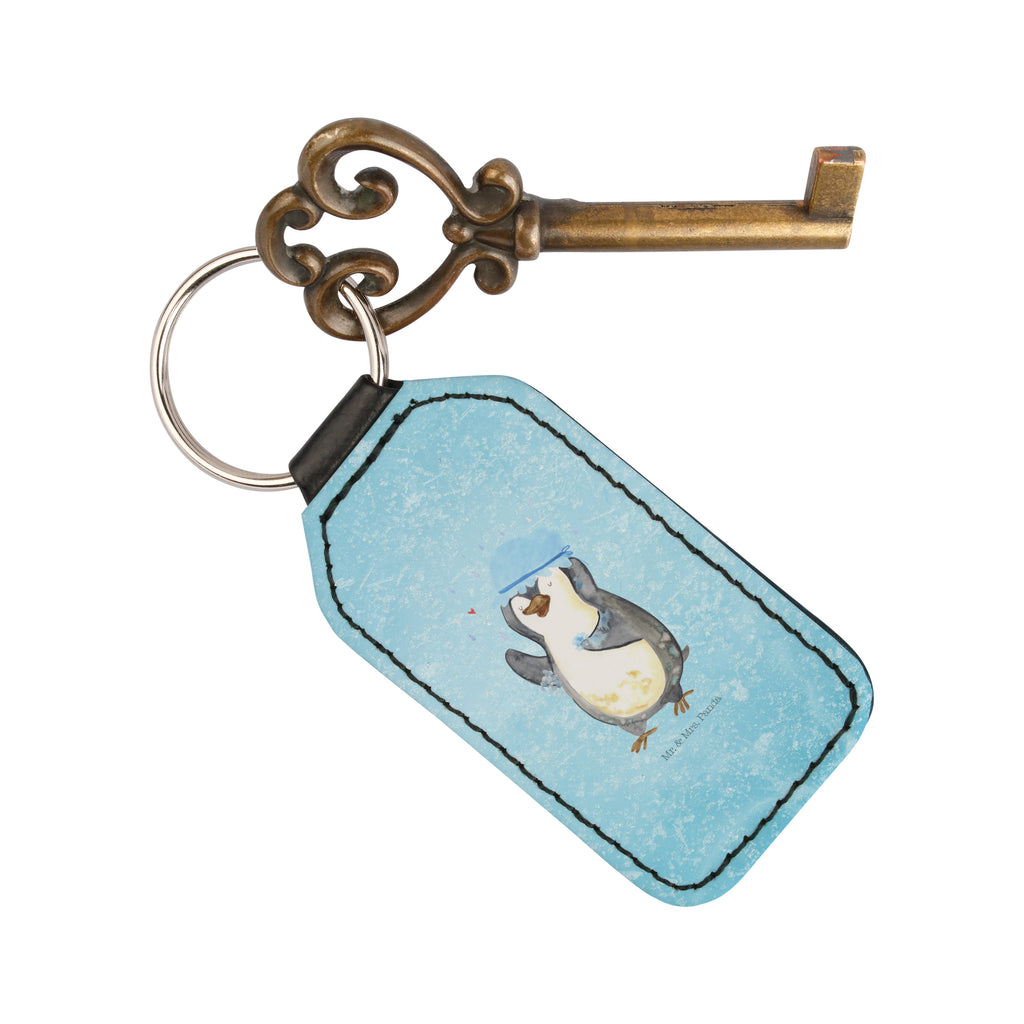 Rechteckig Schlüsselanhänger Pinguin duscht Schlüsselanhänger, Anhänger, Taschenanhänger, Glücksbringer, Schutzengel, Pinguin, Pinguine, Dusche, duschen, Lebensmotto, Motivation, Neustart, Neuanfang, glücklich sein