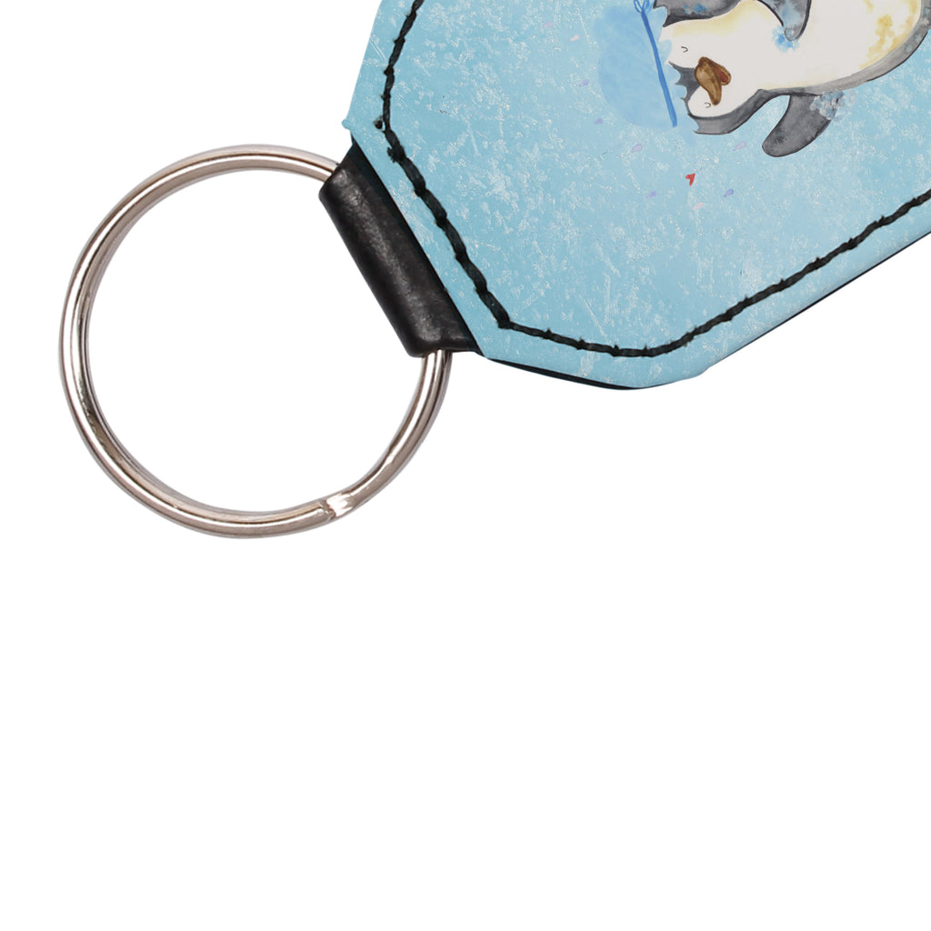 Rechteckig Schlüsselanhänger Pinguin duscht Schlüsselanhänger, Anhänger, Taschenanhänger, Glücksbringer, Schutzengel, Pinguin, Pinguine, Dusche, duschen, Lebensmotto, Motivation, Neustart, Neuanfang, glücklich sein