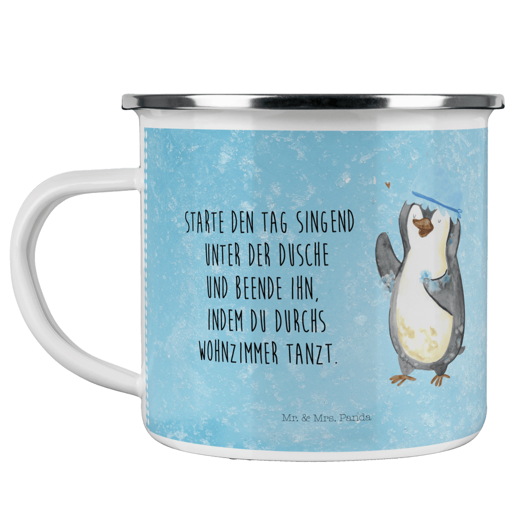 Camping Emaille Tasse Pinguin duscht Campingtasse, Trinkbecher, Metalltasse, Outdoor Tasse, Emaille Trinkbecher, Blechtasse Outdoor, Emaille Campingbecher, Edelstahl Trinkbecher, Metalltasse für Camping, Kaffee Blechtasse, Camping Tasse Metall, Pinguin, Pinguine, Dusche, duschen, Lebensmotto, Motivation, Neustart, Neuanfang, glücklich sein