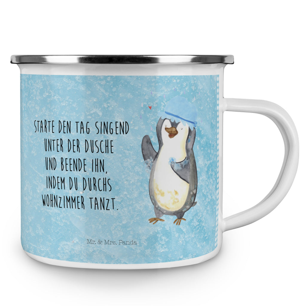 Camping Emaille Tasse Pinguin duscht Campingtasse, Trinkbecher, Metalltasse, Outdoor Tasse, Emaille Trinkbecher, Blechtasse Outdoor, Emaille Campingbecher, Edelstahl Trinkbecher, Metalltasse für Camping, Kaffee Blechtasse, Camping Tasse Metall, Pinguin, Pinguine, Dusche, duschen, Lebensmotto, Motivation, Neustart, Neuanfang, glücklich sein