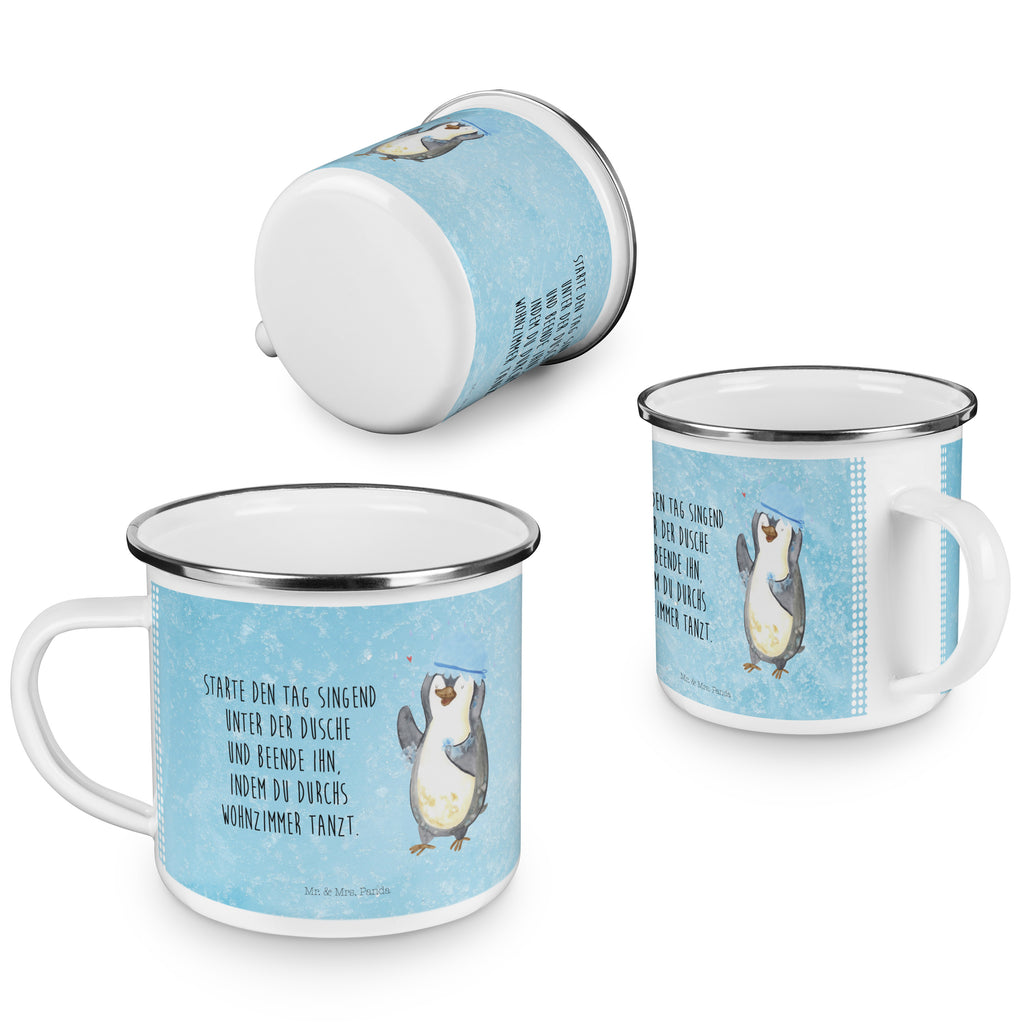 Camping Emaille Tasse Pinguin duscht Campingtasse, Trinkbecher, Metalltasse, Outdoor Tasse, Emaille Trinkbecher, Blechtasse Outdoor, Emaille Campingbecher, Edelstahl Trinkbecher, Metalltasse für Camping, Kaffee Blechtasse, Camping Tasse Metall, Pinguin, Pinguine, Dusche, duschen, Lebensmotto, Motivation, Neustart, Neuanfang, glücklich sein
