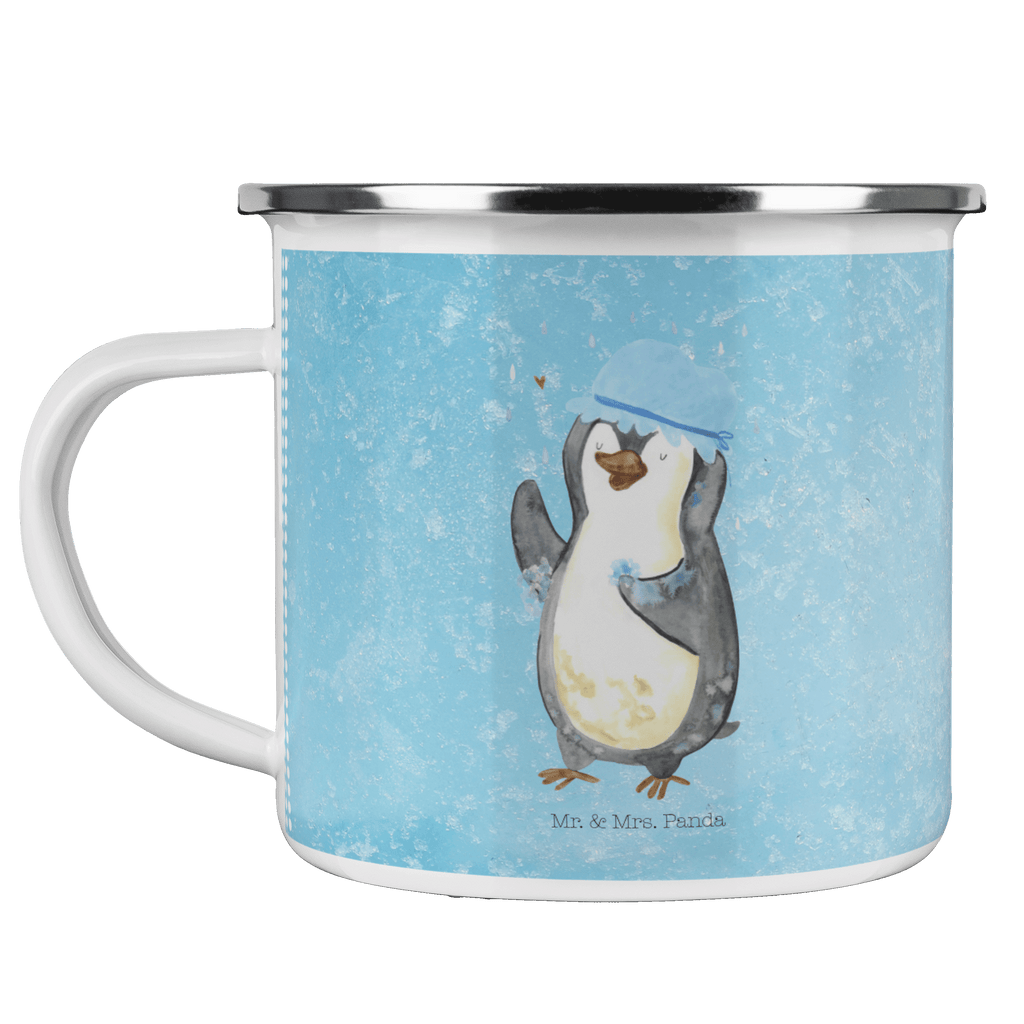 Camping Emaille Tasse Pinguin duscht Campingtasse, Trinkbecher, Metalltasse, Outdoor Tasse, Emaille Trinkbecher, Blechtasse Outdoor, Emaille Campingbecher, Edelstahl Trinkbecher, Metalltasse für Camping, Kaffee Blechtasse, Camping Tasse Metall, Pinguin, Pinguine, Dusche, duschen, Lebensmotto, Motivation, Neustart, Neuanfang, glücklich sein