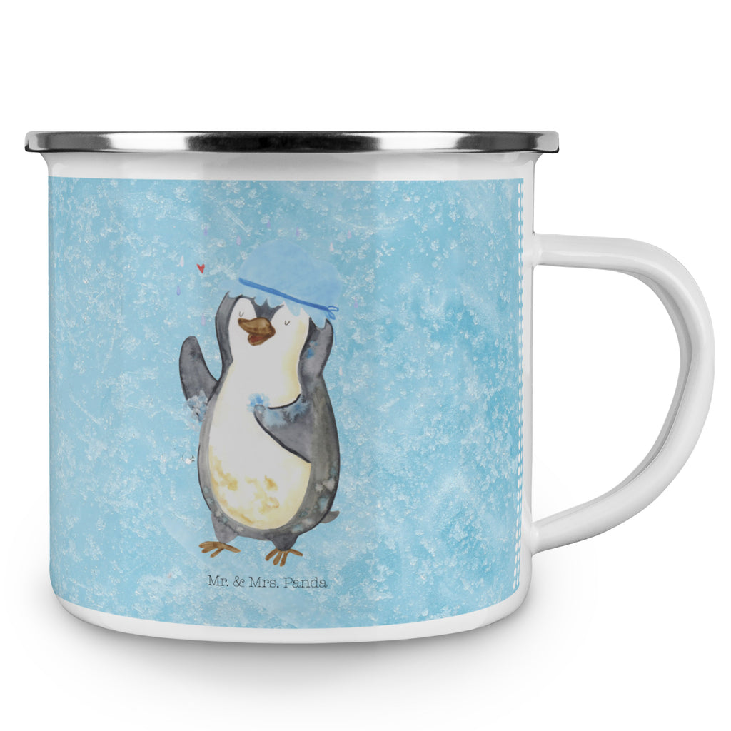 Camping Emaille Tasse Pinguin duscht Campingtasse, Trinkbecher, Metalltasse, Outdoor Tasse, Emaille Trinkbecher, Blechtasse Outdoor, Emaille Campingbecher, Edelstahl Trinkbecher, Metalltasse für Camping, Kaffee Blechtasse, Camping Tasse Metall, Pinguin, Pinguine, Dusche, duschen, Lebensmotto, Motivation, Neustart, Neuanfang, glücklich sein