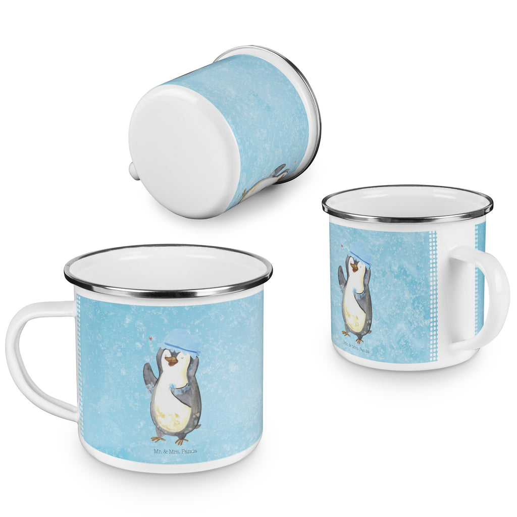 Camping Emaille Tasse Pinguin duscht Campingtasse, Trinkbecher, Metalltasse, Outdoor Tasse, Emaille Trinkbecher, Blechtasse Outdoor, Emaille Campingbecher, Edelstahl Trinkbecher, Metalltasse für Camping, Kaffee Blechtasse, Camping Tasse Metall, Pinguin, Pinguine, Dusche, duschen, Lebensmotto, Motivation, Neustart, Neuanfang, glücklich sein