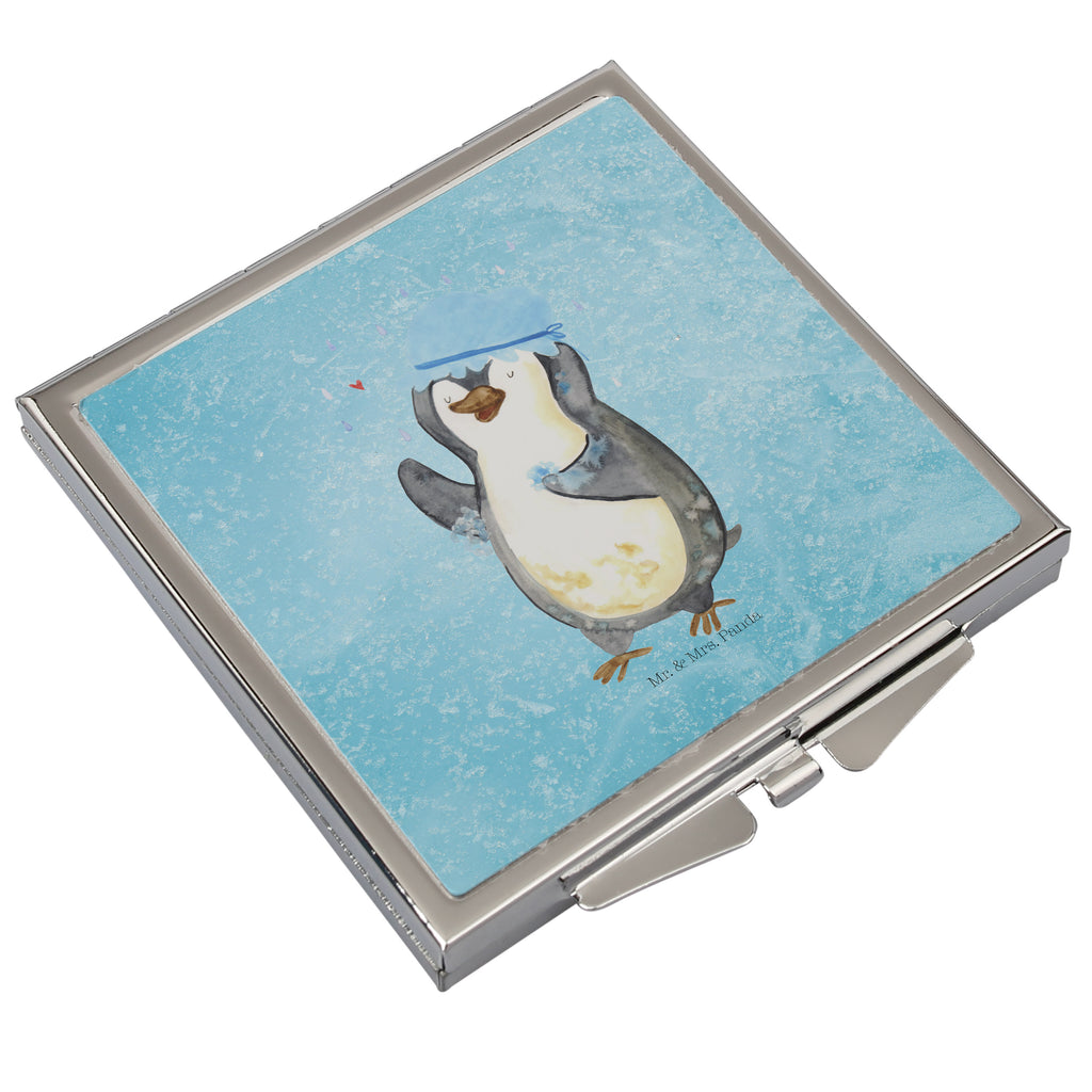 Handtaschenspiegel quadratisch Pinguin duscht Spiegel, Handtasche, Quadrat, silber, schminken, Schminkspiegel, Pinguin, Pinguine, Dusche, duschen, Lebensmotto, Motivation, Neustart, Neuanfang, glücklich sein