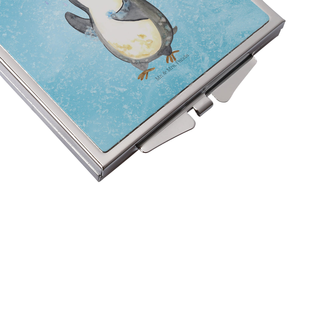 Handtaschenspiegel quadratisch Pinguin duscht Spiegel, Handtasche, Quadrat, silber, schminken, Schminkspiegel, Pinguin, Pinguine, Dusche, duschen, Lebensmotto, Motivation, Neustart, Neuanfang, glücklich sein