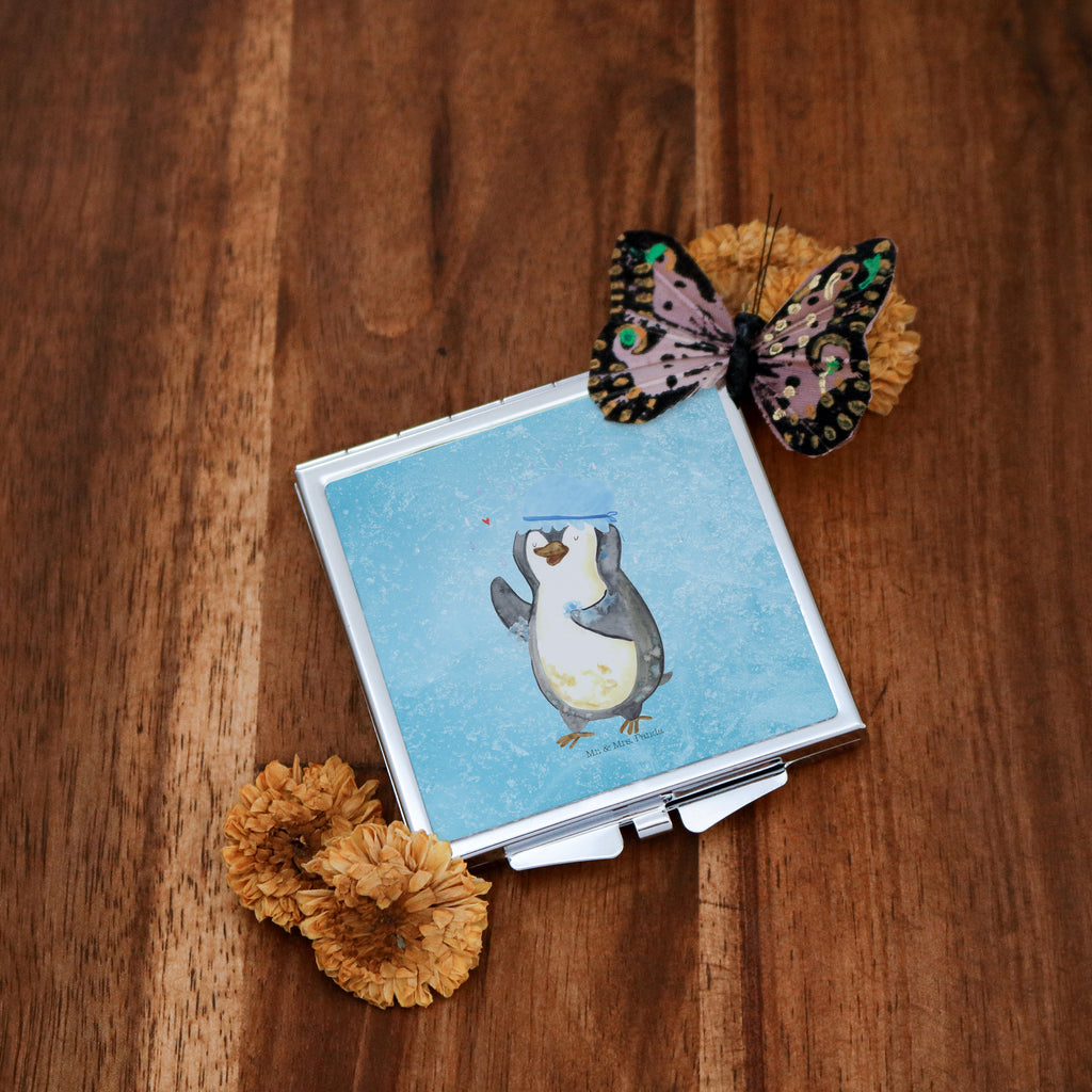 Handtaschenspiegel quadratisch Pinguin duscht Spiegel, Handtasche, Quadrat, silber, schminken, Schminkspiegel, Pinguin, Pinguine, Dusche, duschen, Lebensmotto, Motivation, Neustart, Neuanfang, glücklich sein