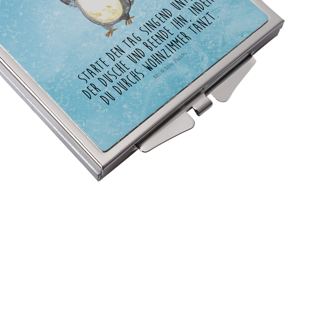 Handtaschenspiegel quadratisch Pinguin duscht Spiegel, Handtasche, Quadrat, silber, schminken, Schminkspiegel, Pinguin, Pinguine, Dusche, duschen, Lebensmotto, Motivation, Neustart, Neuanfang, glücklich sein