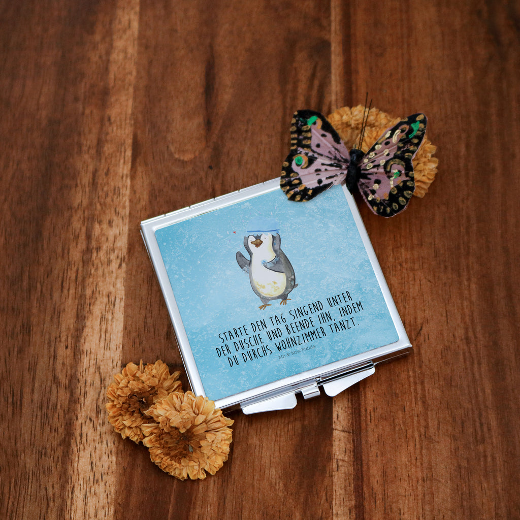 Handtaschenspiegel quadratisch Pinguin duscht Spiegel, Handtasche, Quadrat, silber, schminken, Schminkspiegel, Pinguin, Pinguine, Dusche, duschen, Lebensmotto, Motivation, Neustart, Neuanfang, glücklich sein