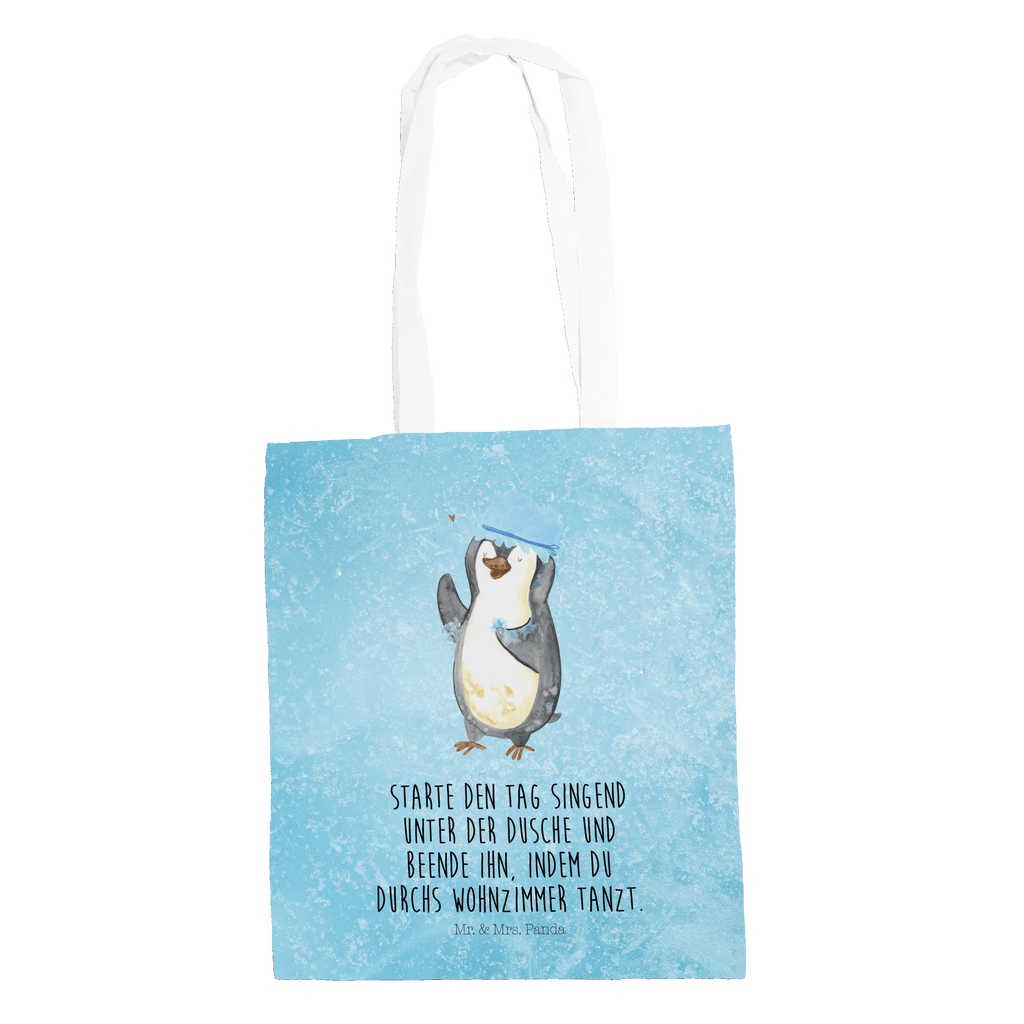 Tragetasche Pinguin duscht Beuteltasche, Beutel, Einkaufstasche, Jutebeutel, Stoffbeutel, Pinguin, Pinguine, Dusche, duschen, Lebensmotto, Motivation, Neustart, Neuanfang, glücklich sein