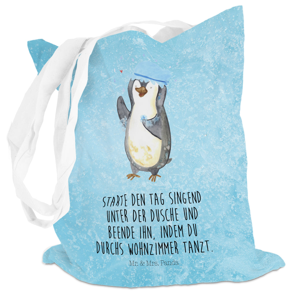 Tragetasche Pinguin duscht Beuteltasche, Beutel, Einkaufstasche, Jutebeutel, Stoffbeutel, Pinguin, Pinguine, Dusche, duschen, Lebensmotto, Motivation, Neustart, Neuanfang, glücklich sein