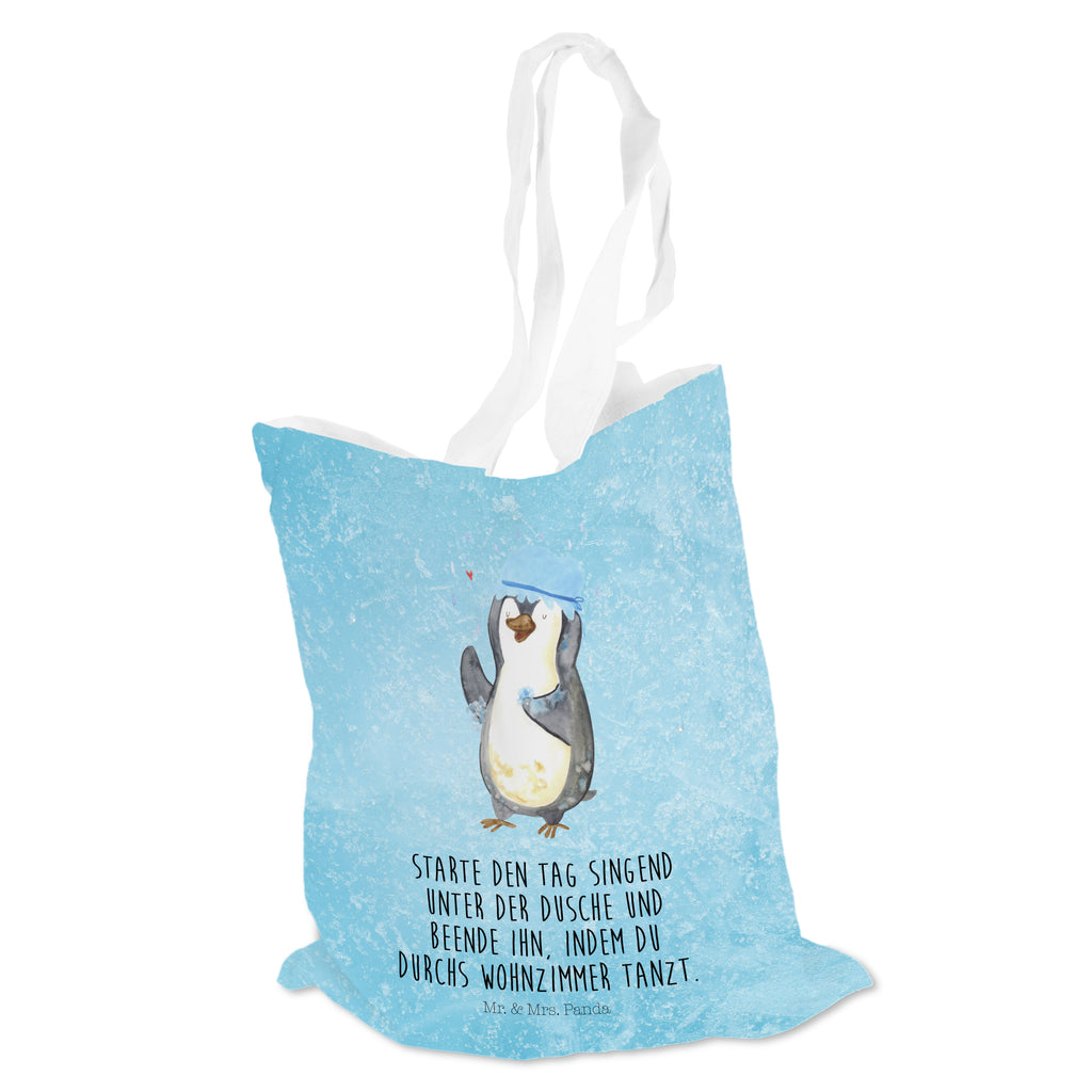Tragetasche Pinguin duscht Beuteltasche, Beutel, Einkaufstasche, Jutebeutel, Stoffbeutel, Pinguin, Pinguine, Dusche, duschen, Lebensmotto, Motivation, Neustart, Neuanfang, glücklich sein