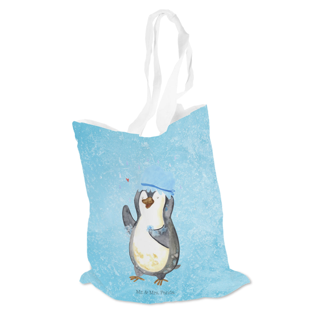 Tragetasche Pinguin duscht Beuteltasche, Beutel, Einkaufstasche, Jutebeutel, Stoffbeutel, Pinguin, Pinguine, Dusche, duschen, Lebensmotto, Motivation, Neustart, Neuanfang, glücklich sein