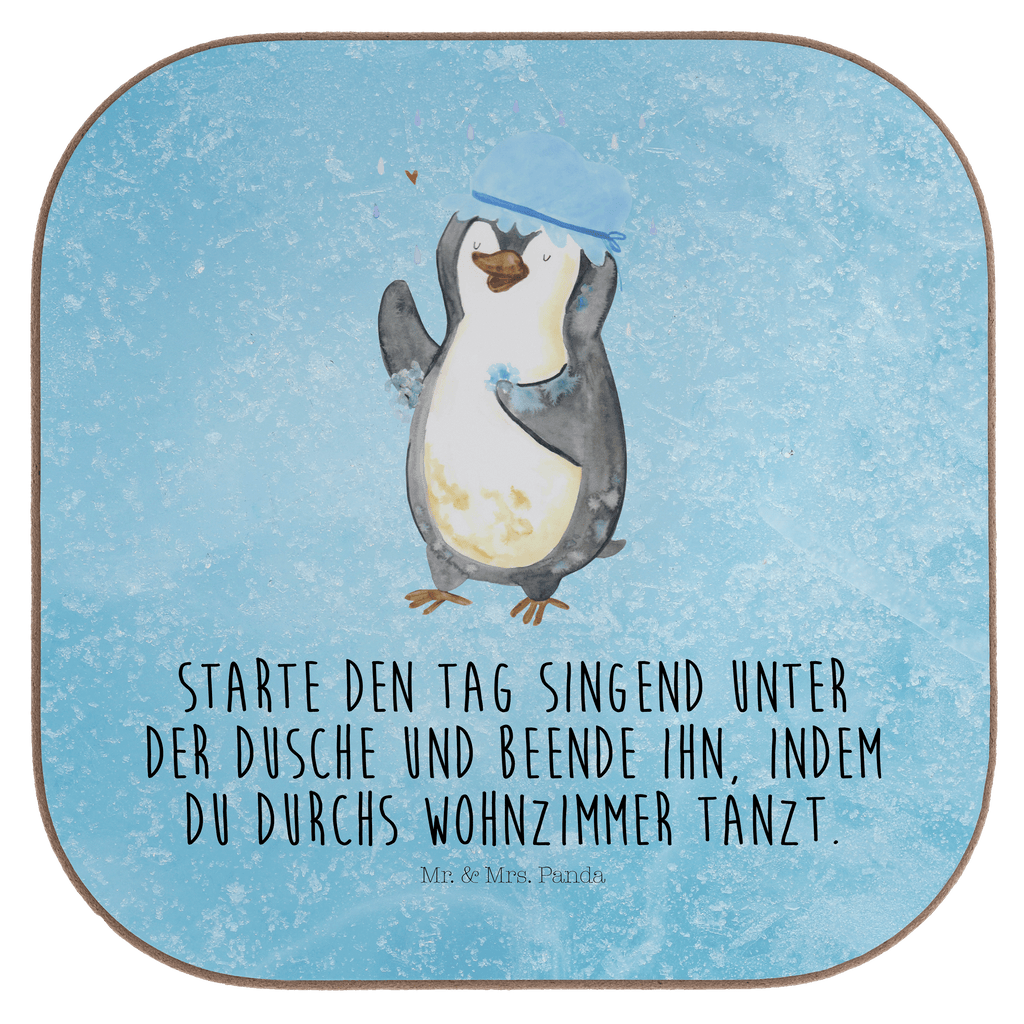 Quadratische Untersetzer Pinguin duscht Bierdeckel, Glasuntersetzer, Untersetzer Gläser, Getränkeuntersetzer, Pinguin, Pinguine, Dusche, duschen, Lebensmotto, Motivation, Neustart, Neuanfang, glücklich sein