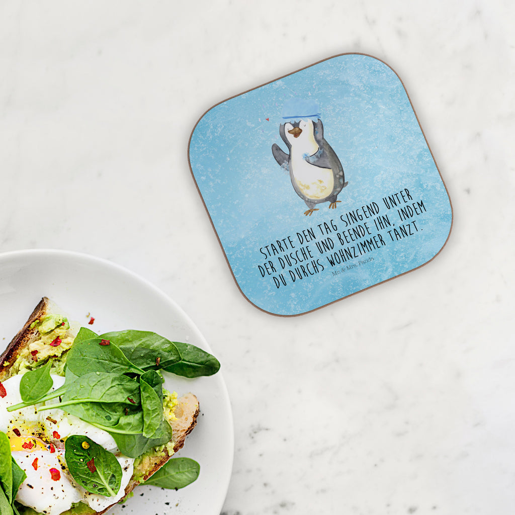 Quadratische Untersetzer Pinguin duscht Bierdeckel, Glasuntersetzer, Untersetzer Gläser, Getränkeuntersetzer, Pinguin, Pinguine, Dusche, duschen, Lebensmotto, Motivation, Neustart, Neuanfang, glücklich sein