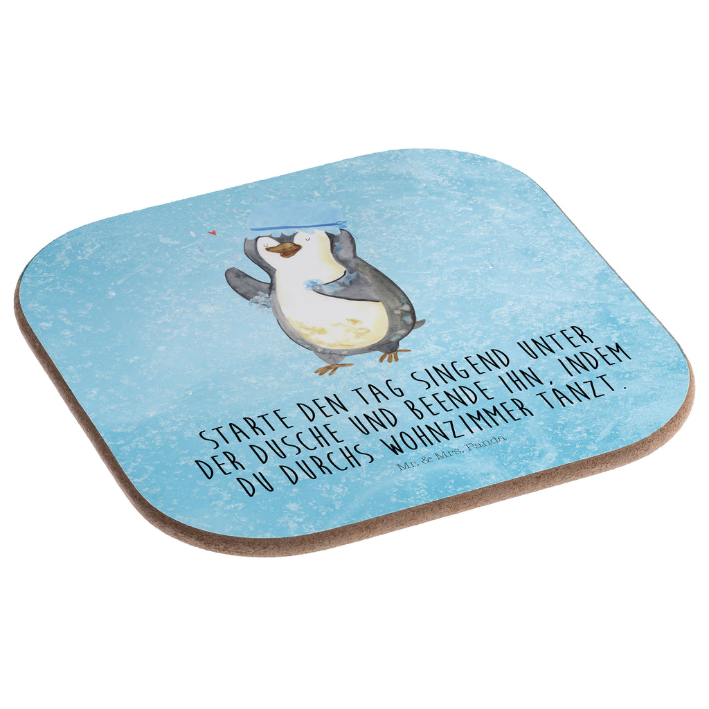 Quadratische Untersetzer Pinguin duscht Bierdeckel, Glasuntersetzer, Untersetzer Gläser, Getränkeuntersetzer, Pinguin, Pinguine, Dusche, duschen, Lebensmotto, Motivation, Neustart, Neuanfang, glücklich sein