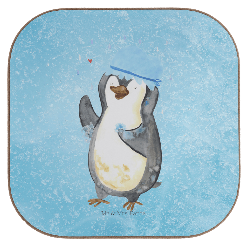 Quadratische Untersetzer Pinguin duscht Bierdeckel, Glasuntersetzer, Untersetzer Gläser, Getränkeuntersetzer, Pinguin, Pinguine, Dusche, duschen, Lebensmotto, Motivation, Neustart, Neuanfang, glücklich sein