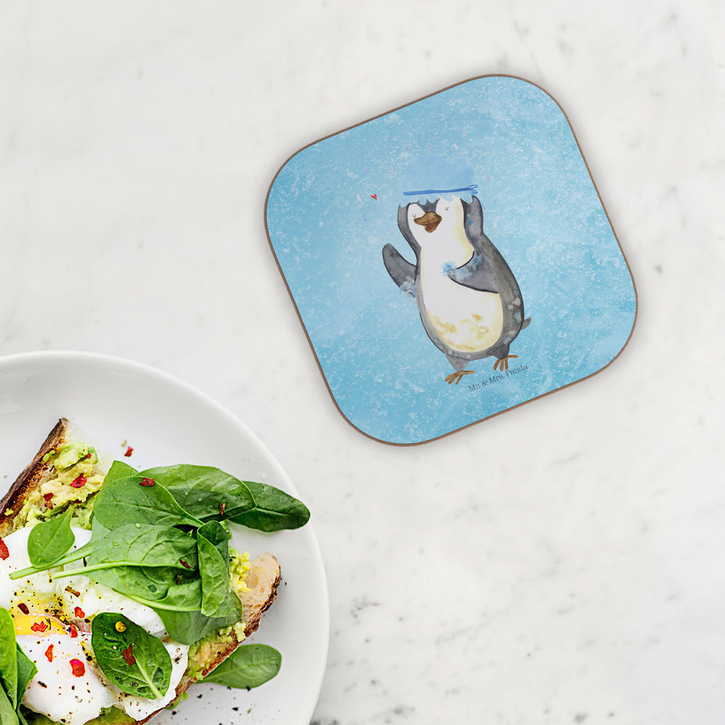 Quadratische Untersetzer Pinguin duscht Bierdeckel, Glasuntersetzer, Untersetzer Gläser, Getränkeuntersetzer, Pinguin, Pinguine, Dusche, duschen, Lebensmotto, Motivation, Neustart, Neuanfang, glücklich sein