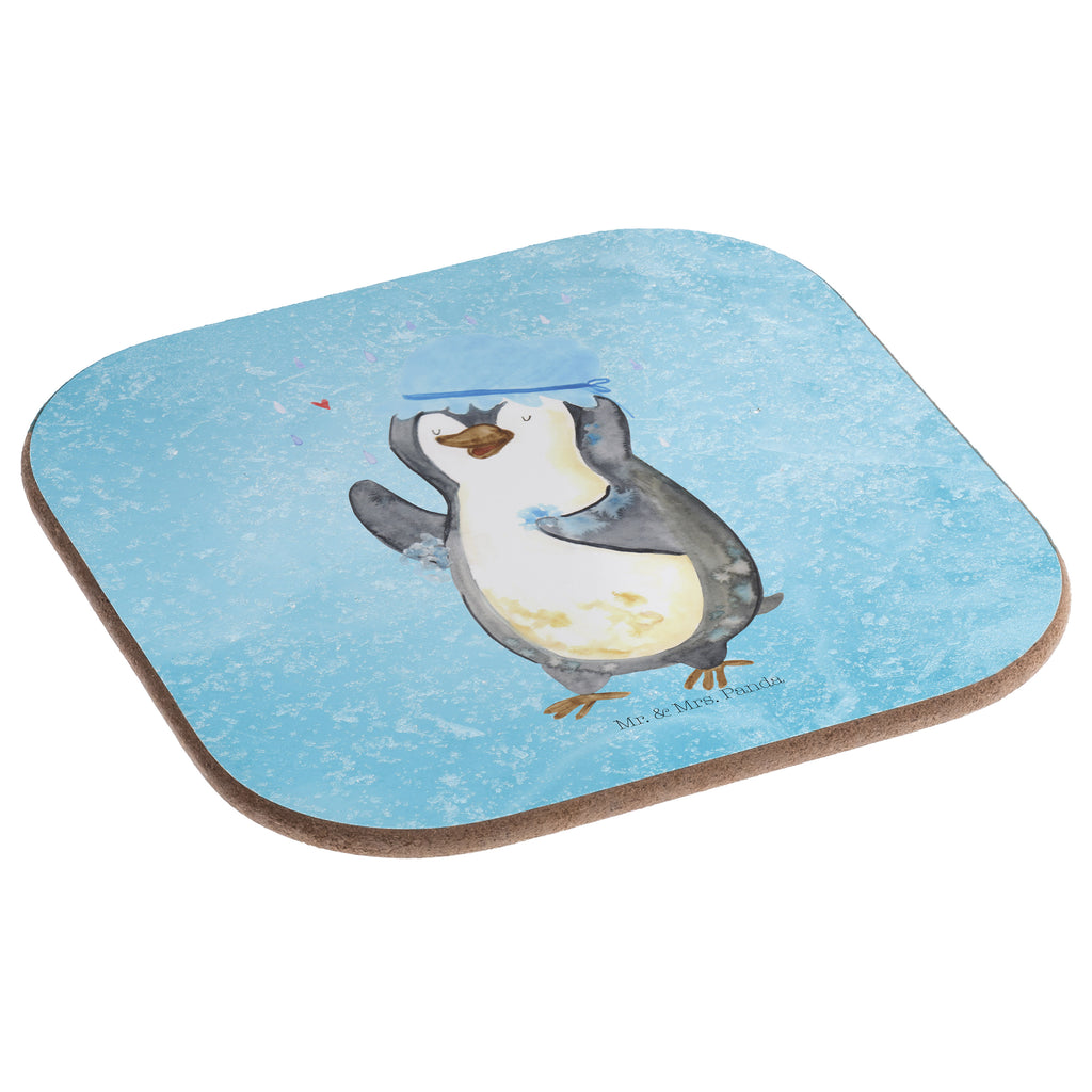 Quadratische Untersetzer Pinguin duscht Bierdeckel, Glasuntersetzer, Untersetzer Gläser, Getränkeuntersetzer, Pinguin, Pinguine, Dusche, duschen, Lebensmotto, Motivation, Neustart, Neuanfang, glücklich sein