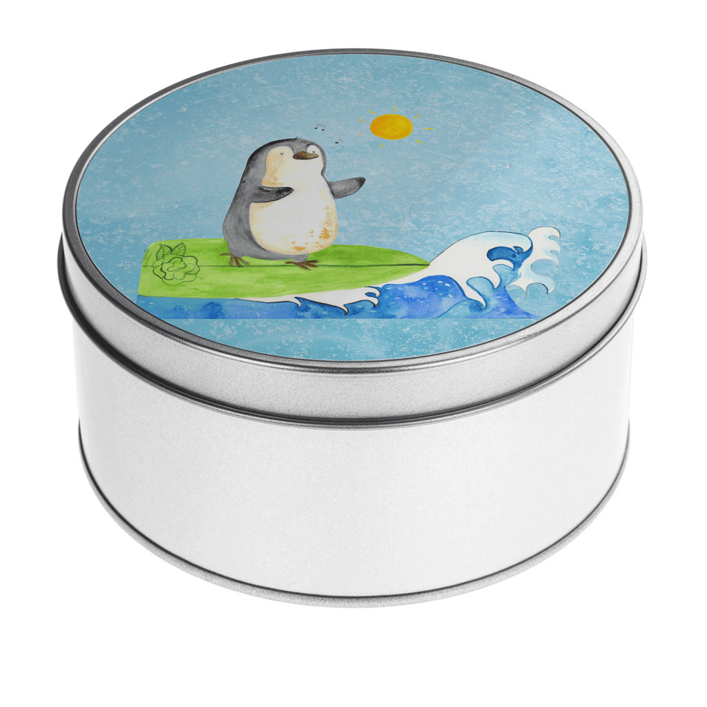 Blechdose rund Pinguin Surfer Metalldose, Keksdose, Dose, Vorratsdose, Geschenkbox, Pinguin, Pinguine, surfen, Surfer, Hawaii, Urlaub, Wellen, Wellen reiten, Portugal
