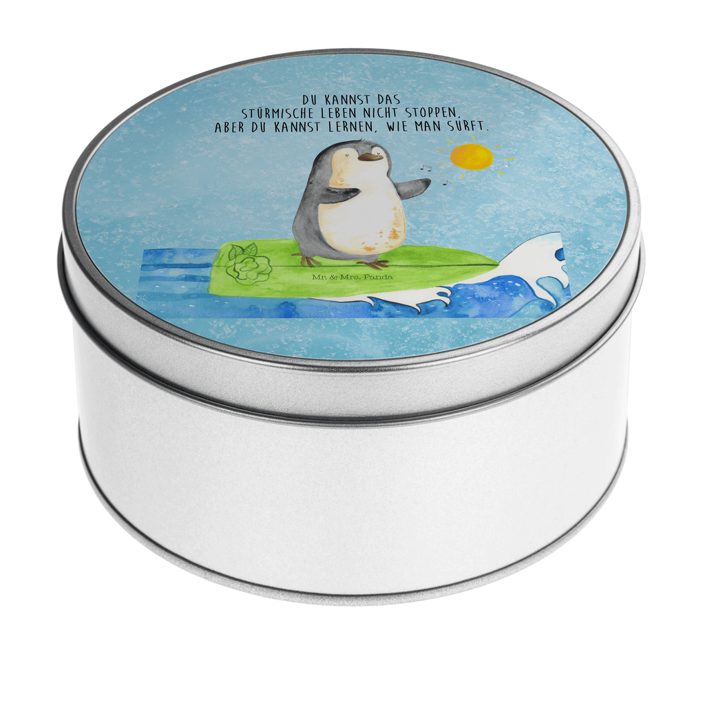 Blechdose rund Pinguin Surfer Metalldose, Keksdose, Dose, Vorratsdose, Geschenkbox, Pinguin, Pinguine, surfen, Surfer, Hawaii, Urlaub, Wellen, Wellen reiten, Portugal