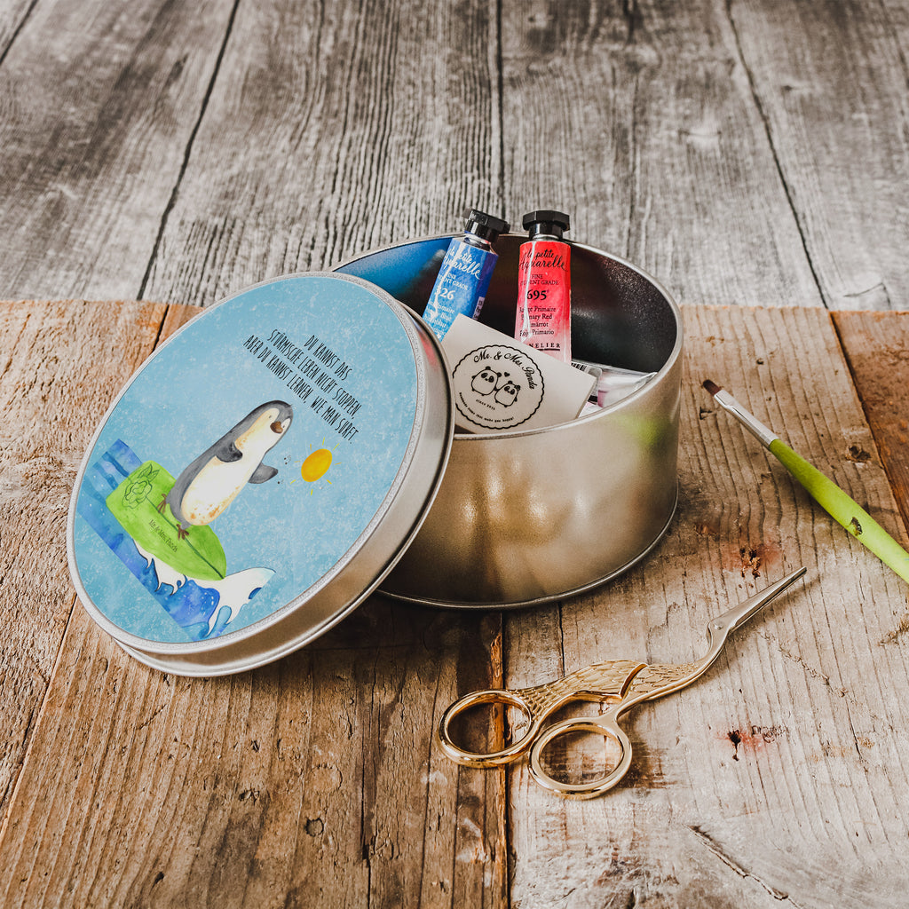 Blechdose rund Pinguin Surfer Metalldose, Keksdose, Dose, Vorratsdose, Geschenkbox, Pinguin, Pinguine, surfen, Surfer, Hawaii, Urlaub, Wellen, Wellen reiten, Portugal