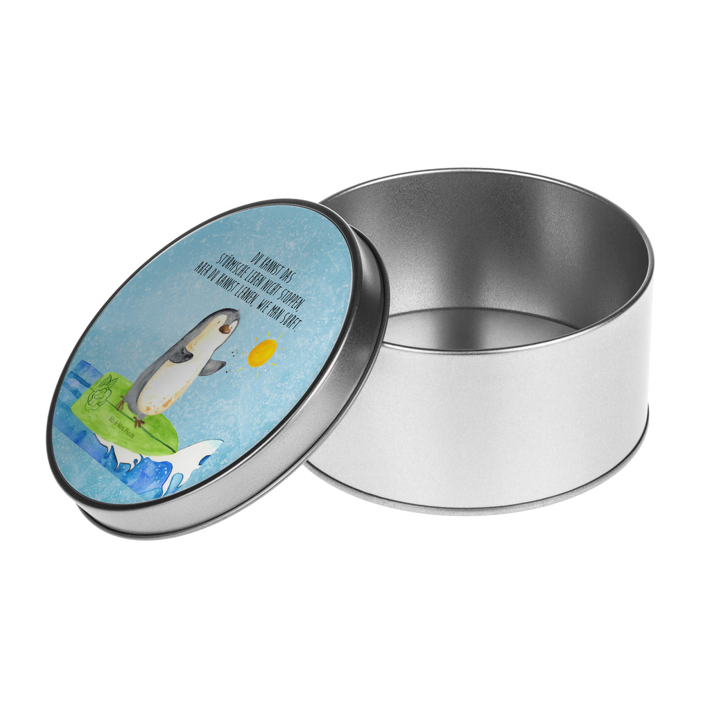Blechdose rund Pinguin Surfer Metalldose, Keksdose, Dose, Vorratsdose, Geschenkbox, Pinguin, Pinguine, surfen, Surfer, Hawaii, Urlaub, Wellen, Wellen reiten, Portugal