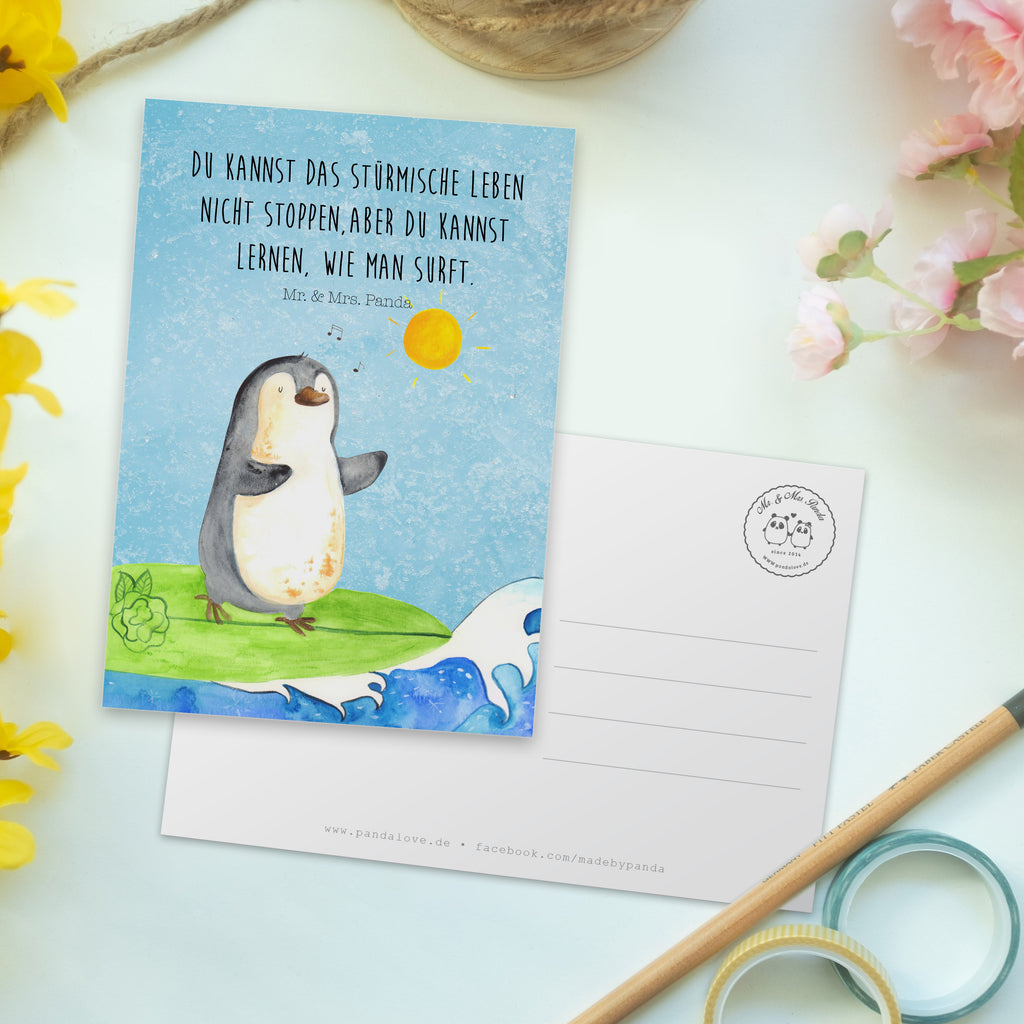 Postkarte Pinguin Surfer Geschenkkarte, Grußkarte, Karte, Einladung, Ansichtskarte, Geburtstagskarte, Einladungskarte, Dankeskarte, Pinguin, Pinguine, surfen, Surfer, Hawaii, Urlaub, Wellen, Wellen reiten, Portugal