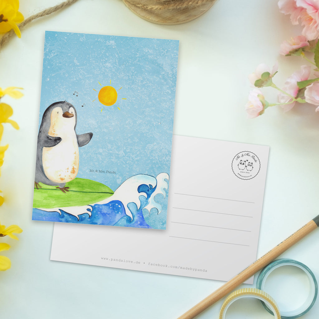 Postkarte Pinguin Surfer Geschenkkarte, Grußkarte, Karte, Einladung, Ansichtskarte, Geburtstagskarte, Einladungskarte, Dankeskarte, Pinguin, Pinguine, surfen, Surfer, Hawaii, Urlaub, Wellen, Wellen reiten, Portugal