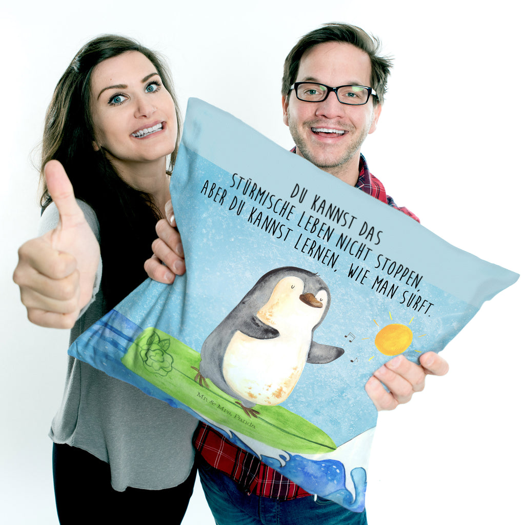 40x40 Kissen Pinguin Surfer Kissenhülle, Kopfkissen, Sofakissen, Dekokissen, Motivkissen, Pinguin, Pinguine, surfen, Surfer, Hawaii, Urlaub, Wellen, Wellen reiten, Portugal