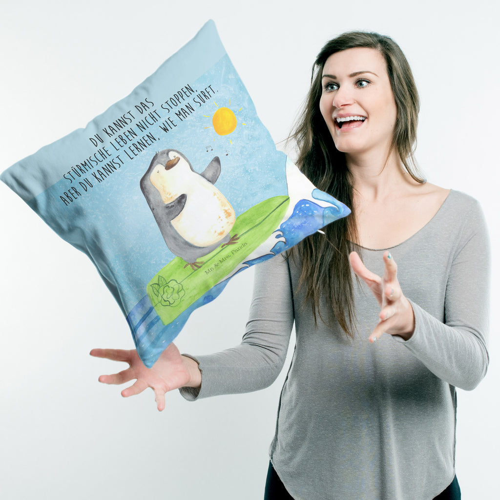 40x40 Kissen Pinguin Surfer Kissenhülle, Kopfkissen, Sofakissen, Dekokissen, Motivkissen, Pinguin, Pinguine, surfen, Surfer, Hawaii, Urlaub, Wellen, Wellen reiten, Portugal