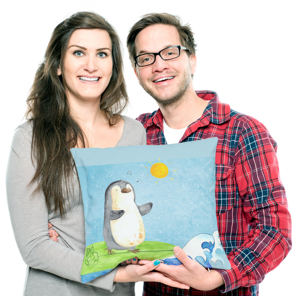 40x40 Kissen Pinguin Surfer Kissenhülle, Kopfkissen, Sofakissen, Dekokissen, Motivkissen, Pinguin, Pinguine, surfen, Surfer, Hawaii, Urlaub, Wellen, Wellen reiten, Portugal