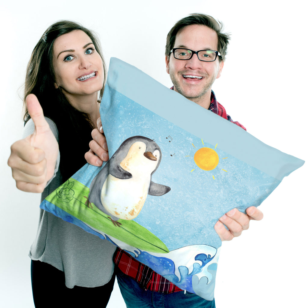 40x40 Kissen Pinguin Surfer Kissenhülle, Kopfkissen, Sofakissen, Dekokissen, Motivkissen, Pinguin, Pinguine, surfen, Surfer, Hawaii, Urlaub, Wellen, Wellen reiten, Portugal